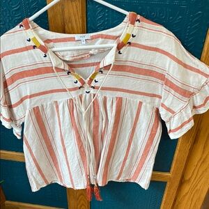 Cream and Orange Ruffled Tie Front Blouse